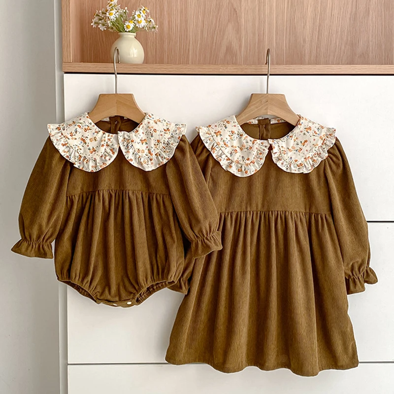 Neue Herbst Kinder Kleidung Schwestern Mädchen Party Prinzessin Kleid Cord Blume Kragen Kleid Baby Mädchen Strampler Kinder Schwestern Kleider – Detail 14