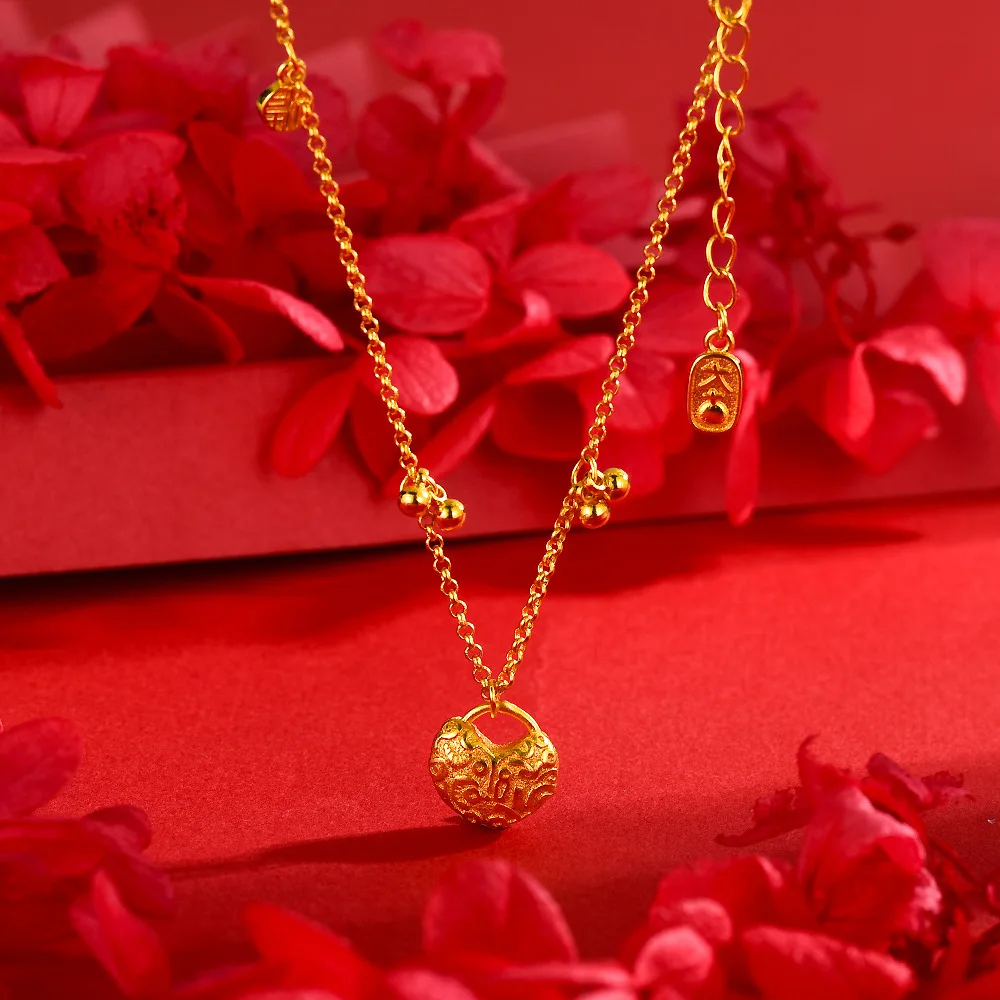 

New 18k gold necklace AU750 good luck and fruitful peace lock necklace temperament fashion high-end clavicle chain