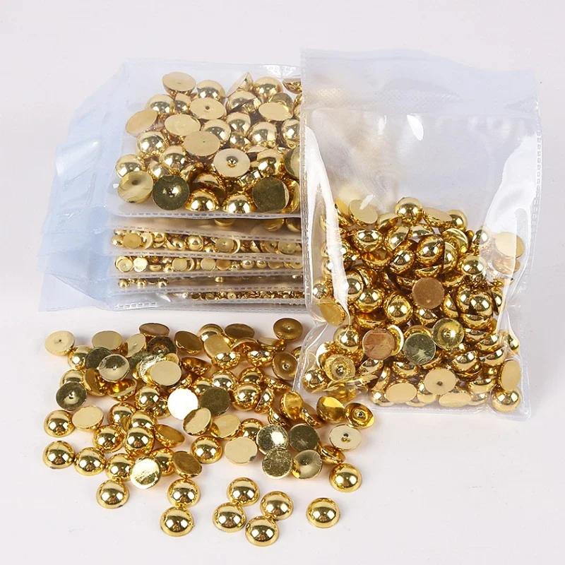 Gold Color Mix Sizes 2mm-10mm Half Round Beads Golden Imitation Pearl ABS Resin Flat Back Glitters For DIY Nail Craft Decoration