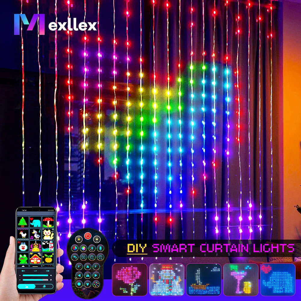 Mexllex colorido inteligente led janela pendurado luzes de cortina, 400 rgb app controle remoto diy texto e padrão guirlanda de fadas casa