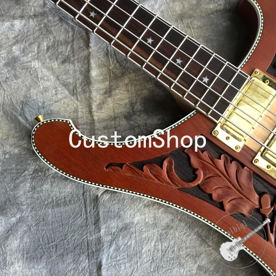 4001 4003 4004 Lemmy  Brown Hand Carved Electric Bass Guitar Neck Through Body, Star Inlay, Checkerboard Binding,