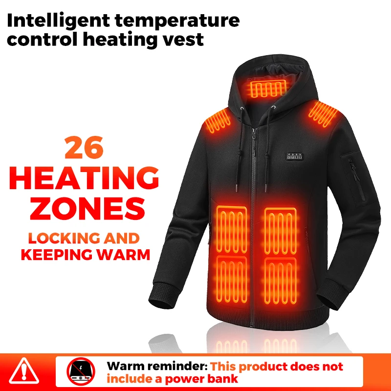 26-Zonen-Heizjacke, USB-elektrisch beheizter Hoodie, 3 Temperaturstufen, Winter-Wärmejacke, Outdoor-Ski- und Wanderbekleidung, Unisex – Detail 6