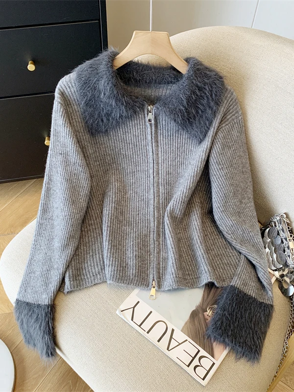 

Ele вязаный свитер, женский осенне-зимний теплый топ с искусственным норковым воротником, универсальный, нежный, высококачественный, ощущение