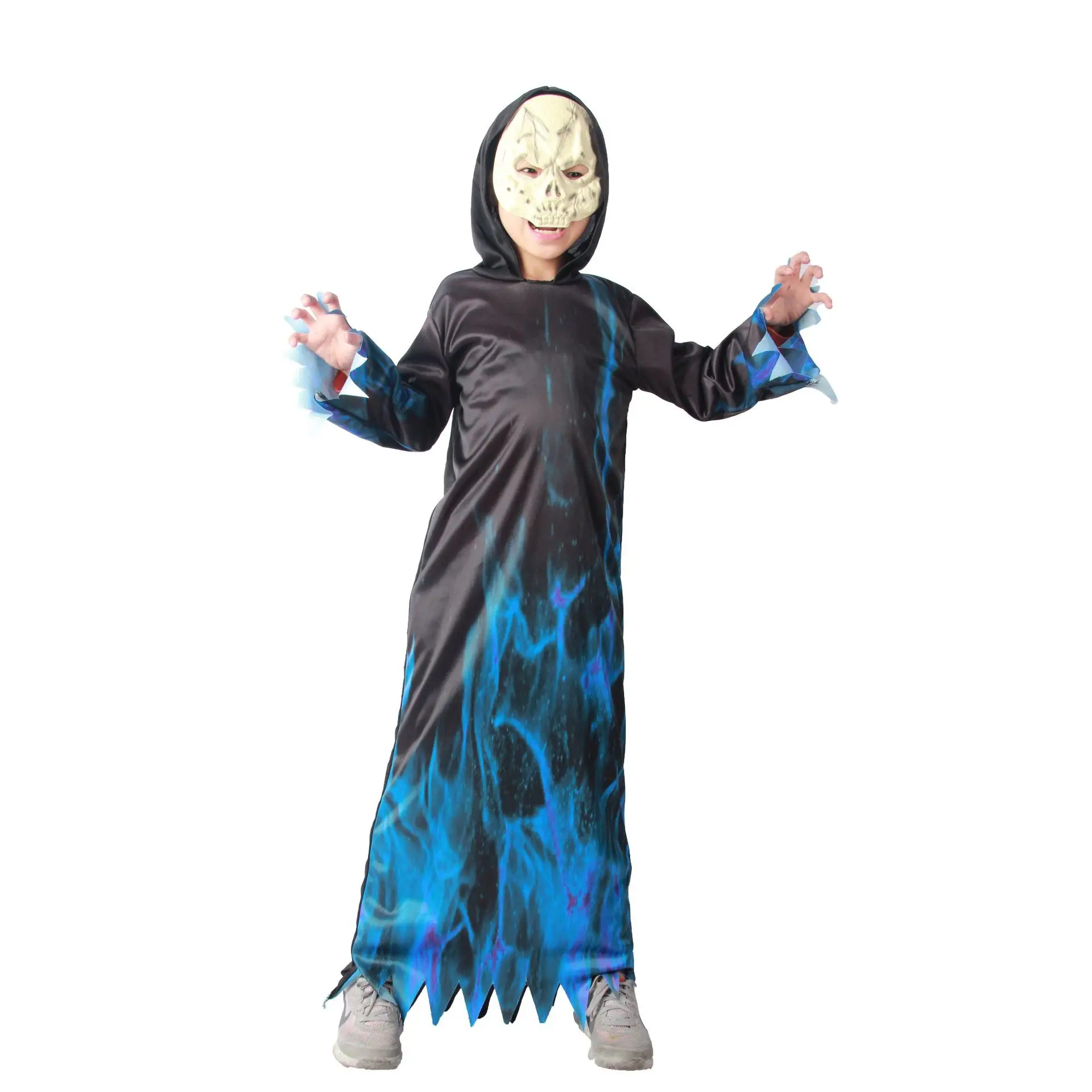 Halloween Grim Reaper Bodysuit, Horror Fire, Morte Cosplay, Capa Preta, Fantasia para Criança, Adulto