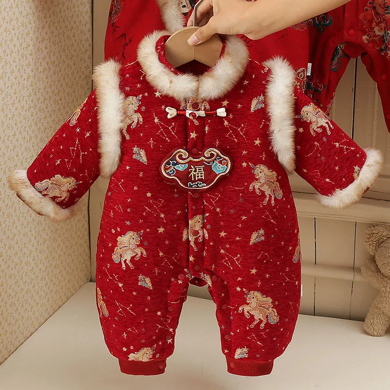 Winter Baby Romper Infant Girls Clothes Chinese New Year Warm Thick Fleece Cartoon Horse Embroidery Jumpsuits Newborn Items B369
