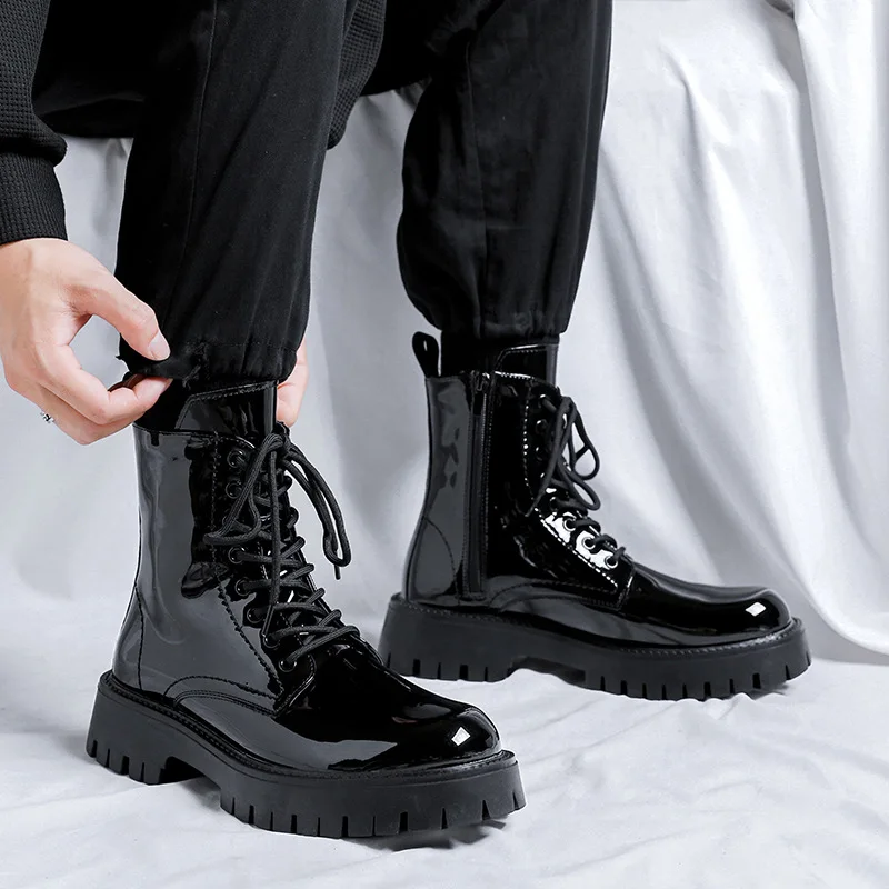 italian brand designer patent leather boots for men casual black trendy shoes cowboy platform boot high motorcycle botas hombre