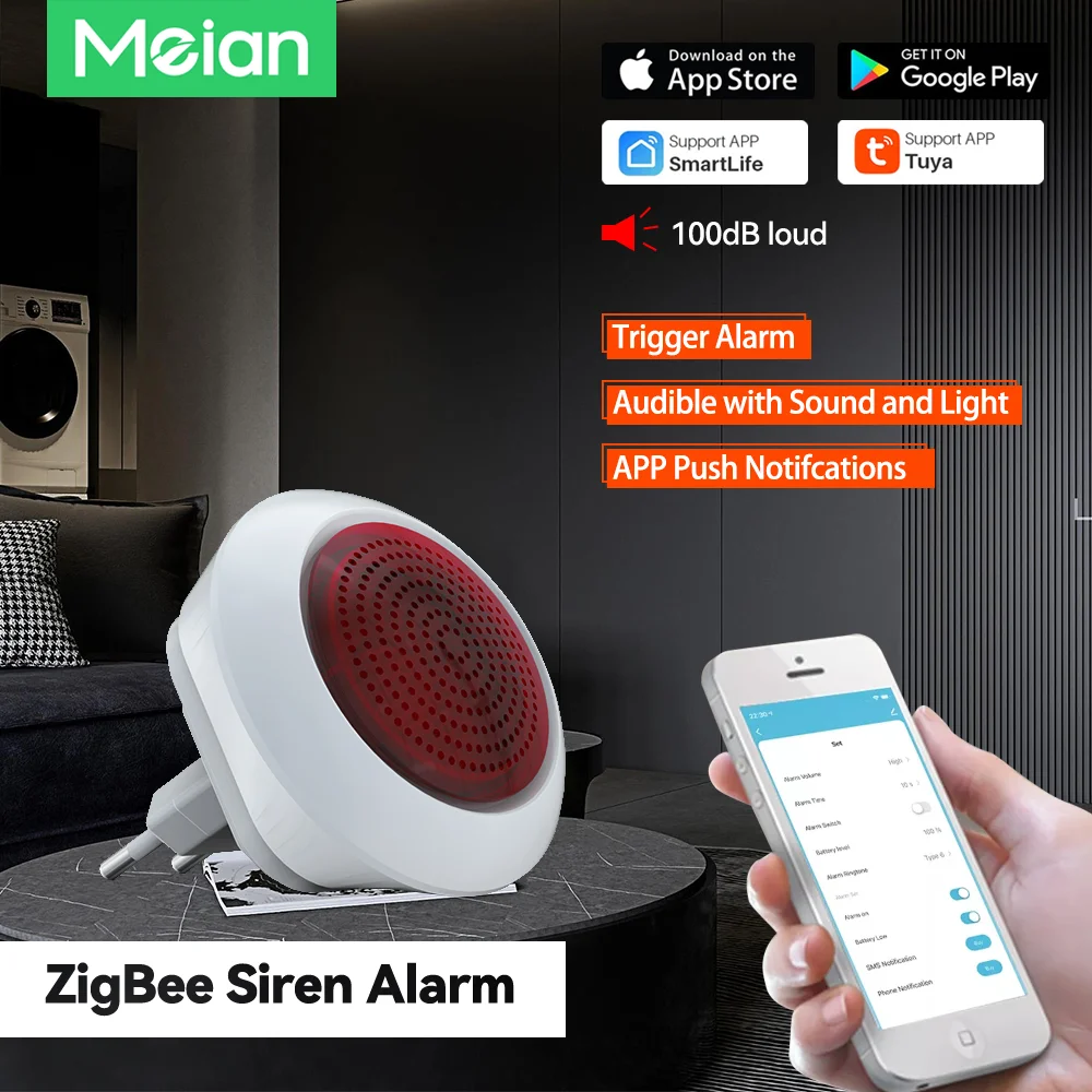 Meian Zigbee Smart Sirena 110V-220V Sirene Alarma 100dB Wireless Alarme Security Protection Via Gateway Smart Life Tuya APP