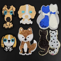 Reversible Sequin Dog Cat Patch Embroidery Applique Double-Sided Two-Tone Design for DIY Decoration for T-Shirts and Fabric