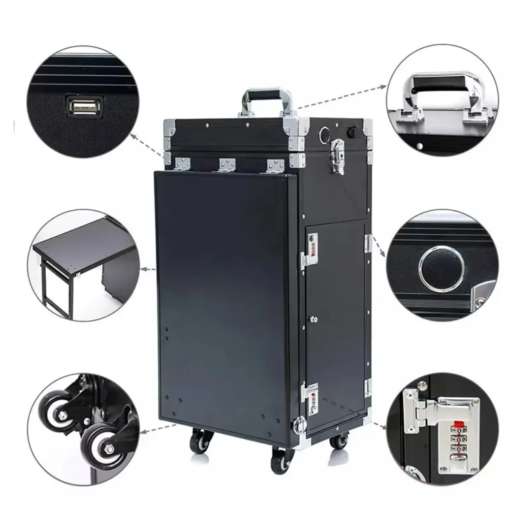 

Foldable Nail Table Nail Salon Luggage Style Client Table with Rollers and Speakers