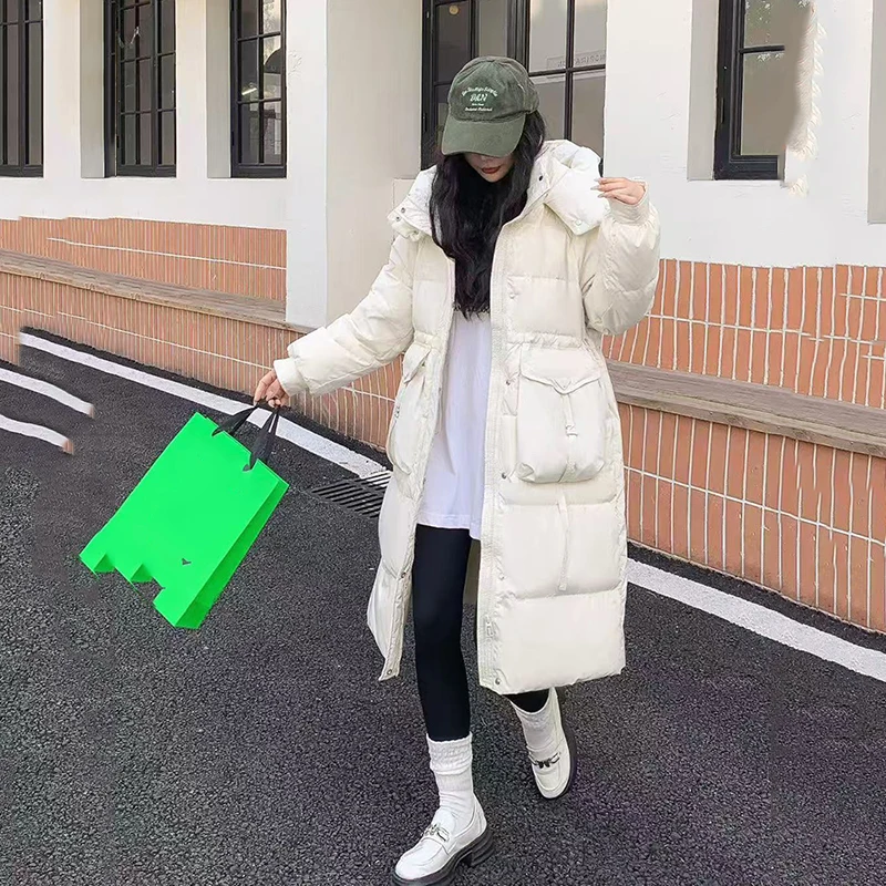 الشتاء طويلة رشاقته مقنعين أسفل سترة الإناث مزدوجة سستة نفخة باركر أبلى النساء الأبيض بطة أسفل الركبة طول أسفل السترات