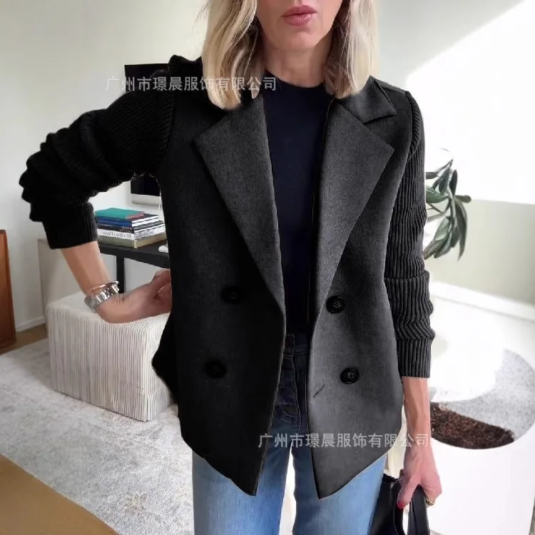 Spring new cross-border European and American foreign trade women's clothing fashion temperament woolen splicing coat
