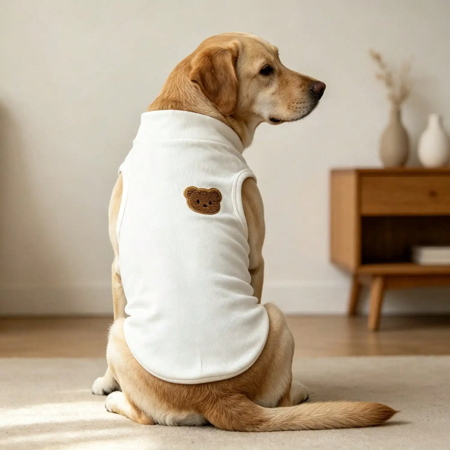 Ärmelloses Rollkragen-Hundeweste für große Hunde, weiche Strickkleidung für Haustiere mit niedlichem Bären-Applikationsaufnäher, warmes Hausoutfit – Detail 14
