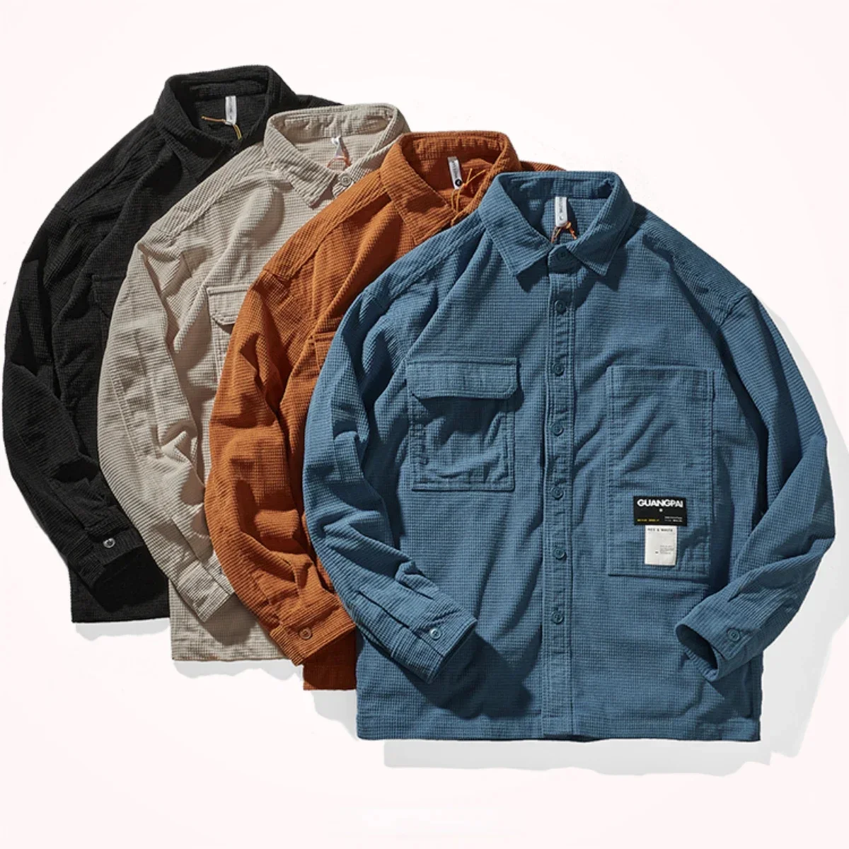 Japanese retro trendy work shirt men's new waffle heavy thick substantive loose casual coat