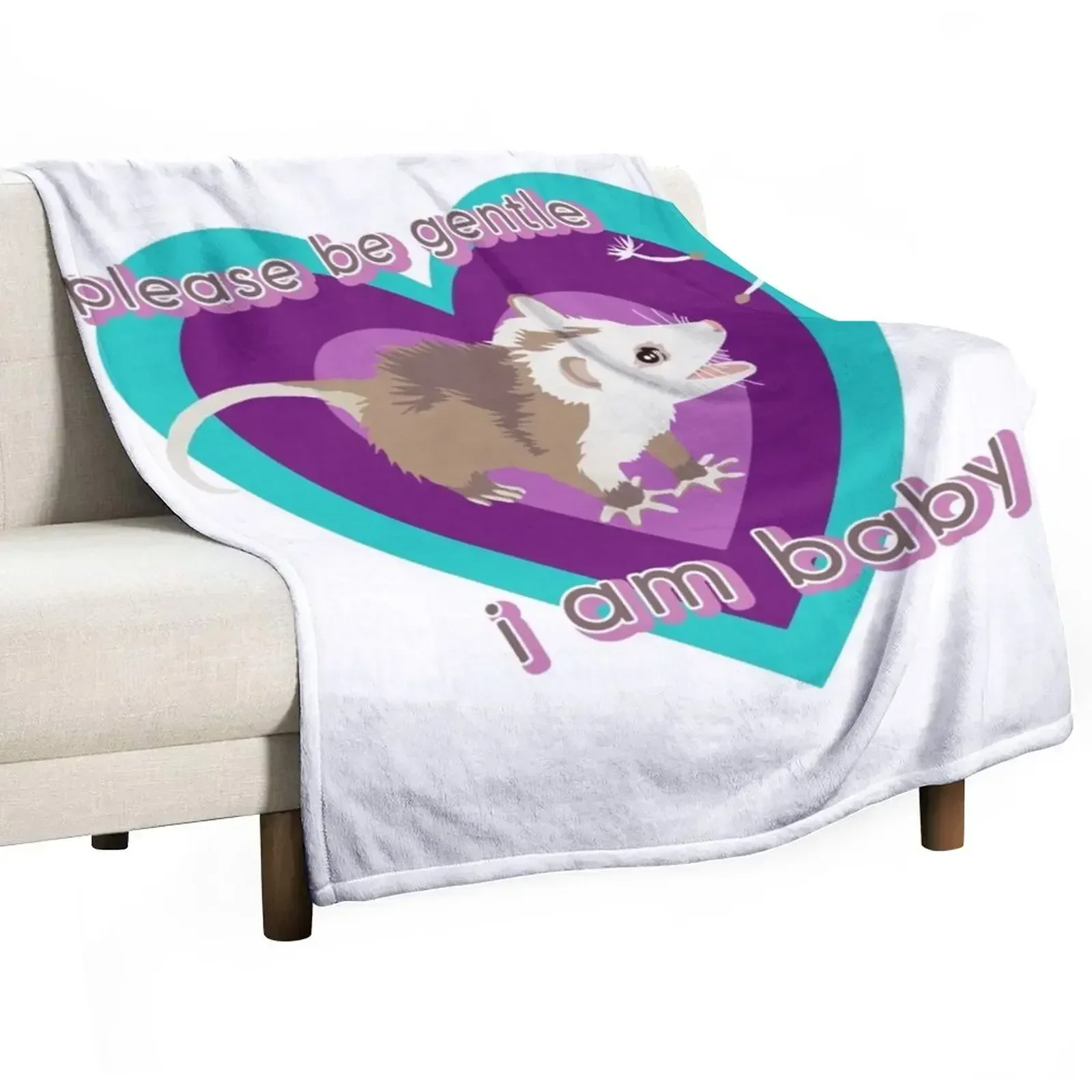 

New Please Be Gentle - I Am Baby - Possum Print Throw Blanket Moving Flannel Blankets