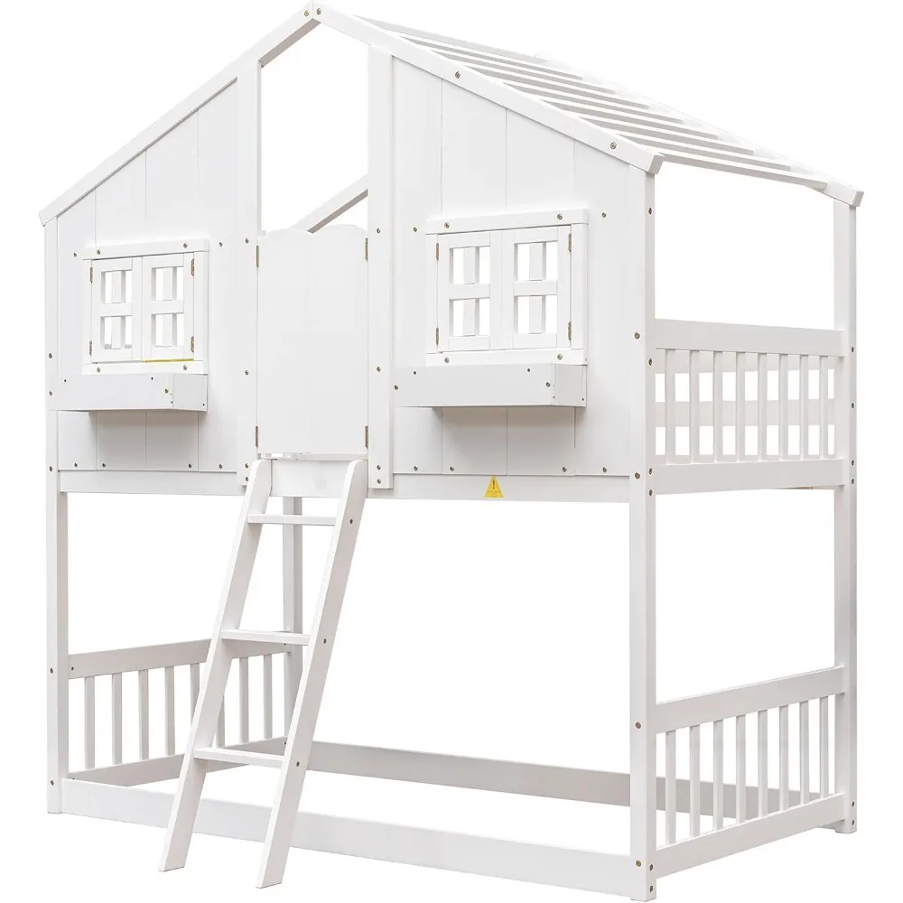 Harper & Bright Designs House Bunk Bed Twin Over Twin Kids Bunk Bed Wood Frame with Roof, Window, Window Box, Door, Safety Guard image 6