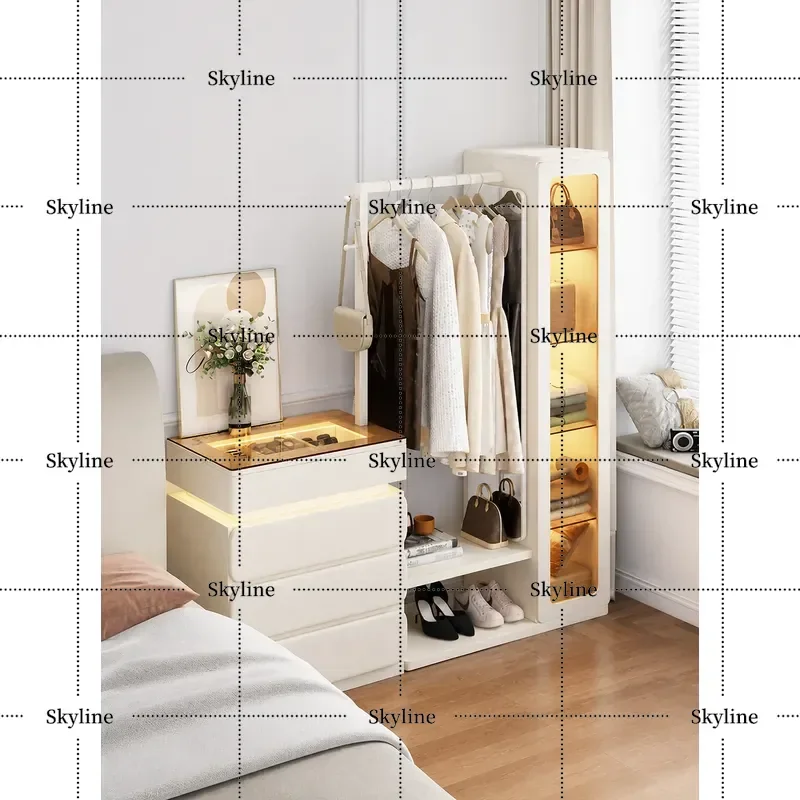for Small Apartment Bedroom Floor to Ceiling Hanging Wardrobe Coat Rack Full Length Mirror Integrated Cream Style Multi