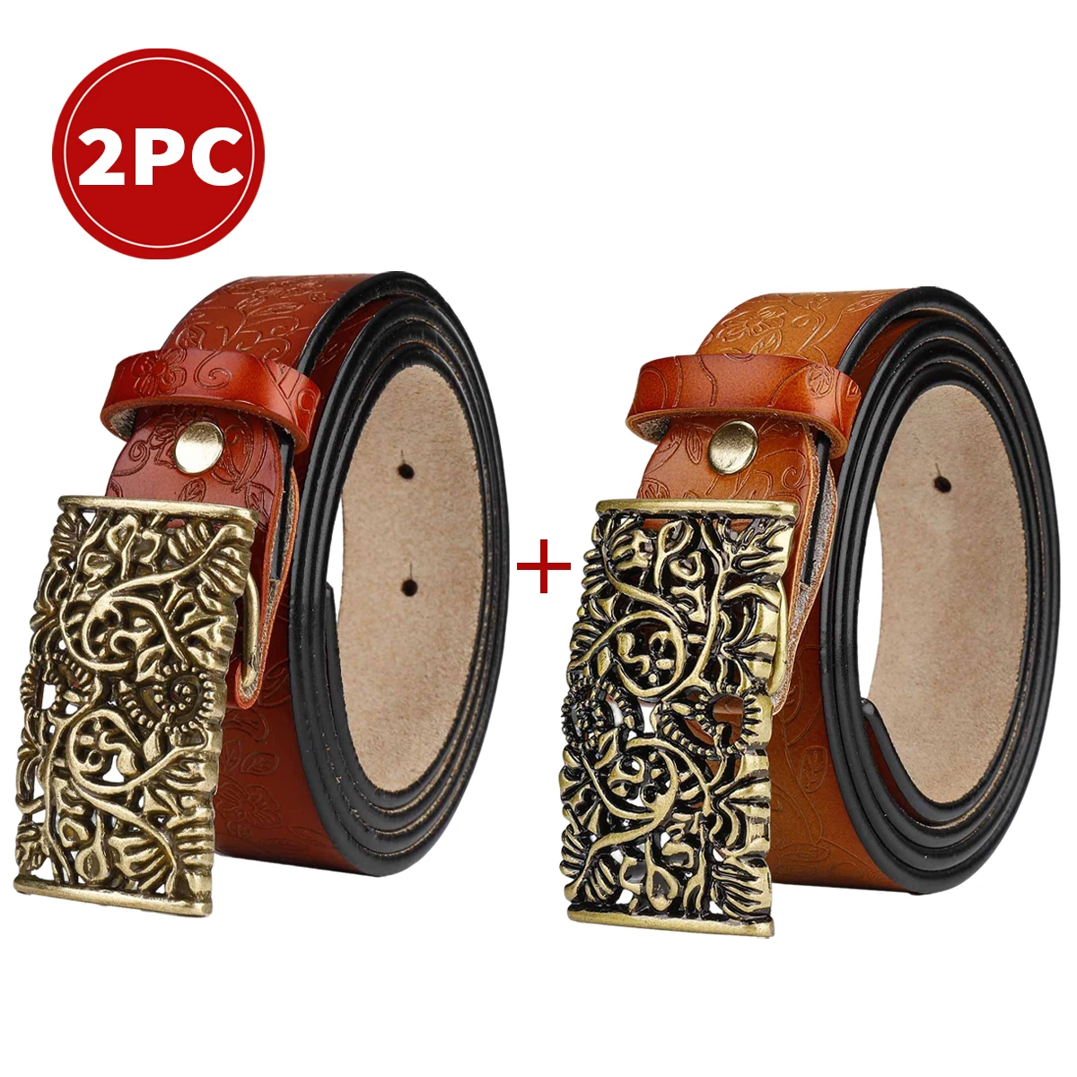 2-Pack Women Retro Floral Embossed Belt, Vintage Hollow Carved Metal Buckle Decorative Waist Belt, Fashion Accessory