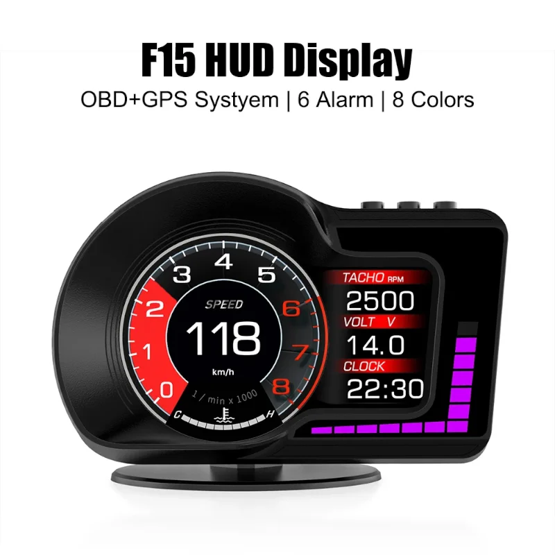 

F15 Head Up Display Smart Car HUD OBD2 GPS On-board Computer Digital Clock RPM Speedometer Water&Oil Temp Gauge Security Alarm