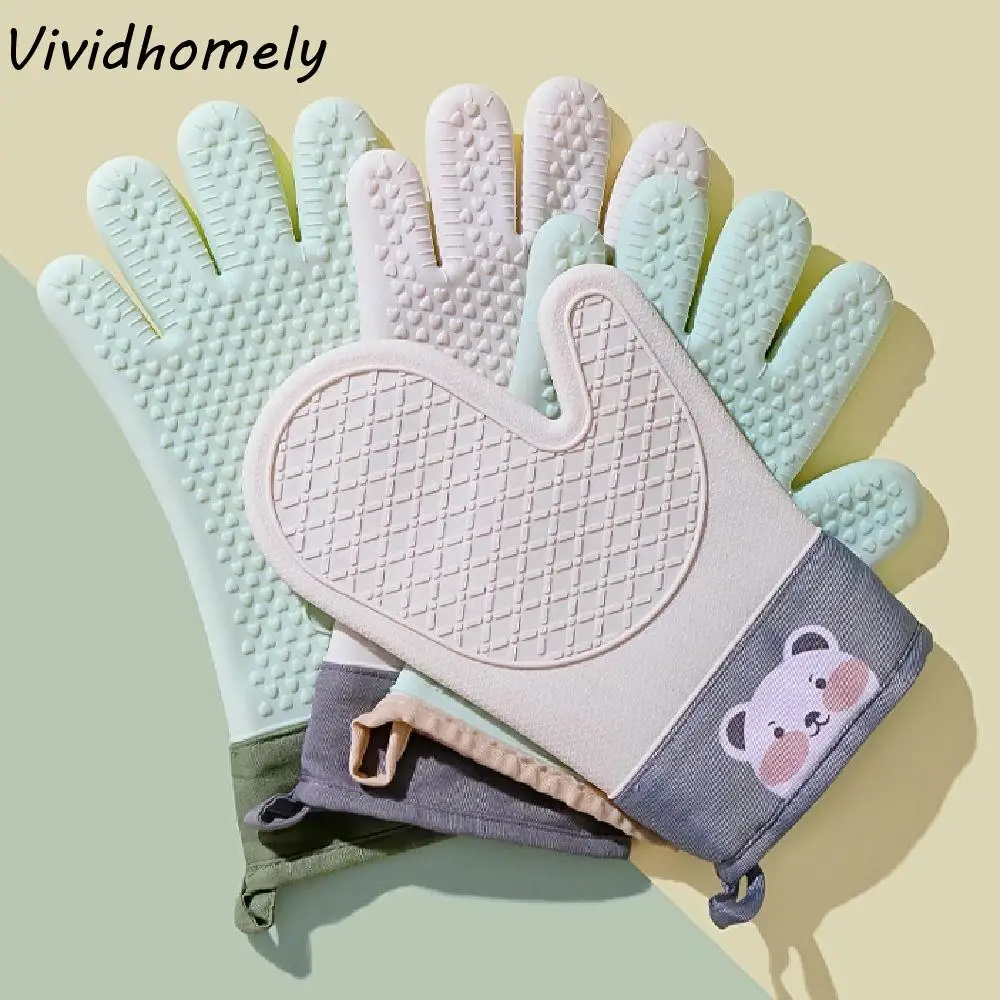 

2 шт. утолщенные силиконовые изоляционные перчатки с мультяшным медведем, термостойкие прихватки для духовки, устойчивые к пятнам водонепроницаемые прихватки для выпечки