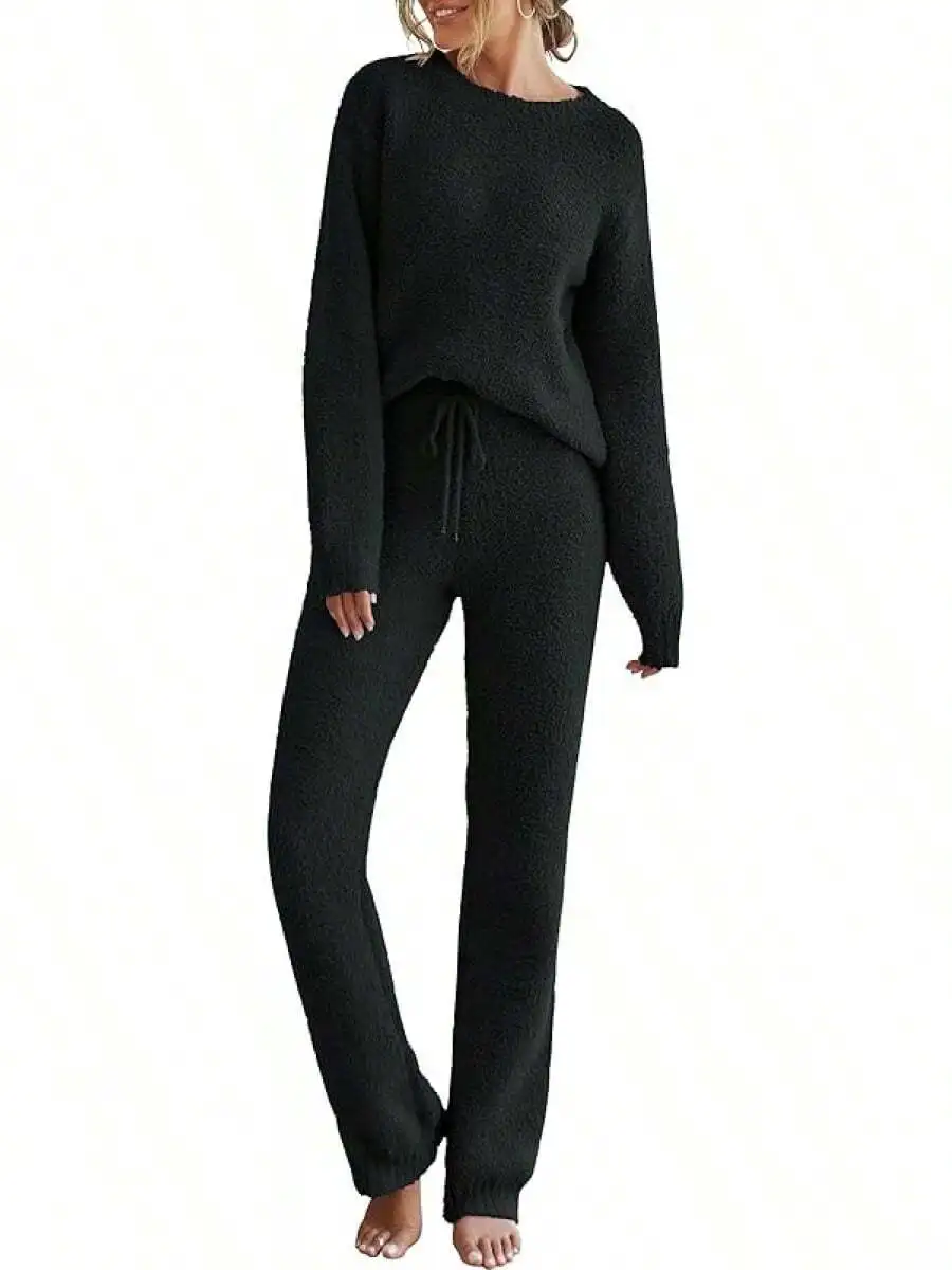 Womens Fuzzy Fleece Lounge Set 2 Piece Long Sleeve Sweater And Drawstring Pants Cozy Winter Pajamas