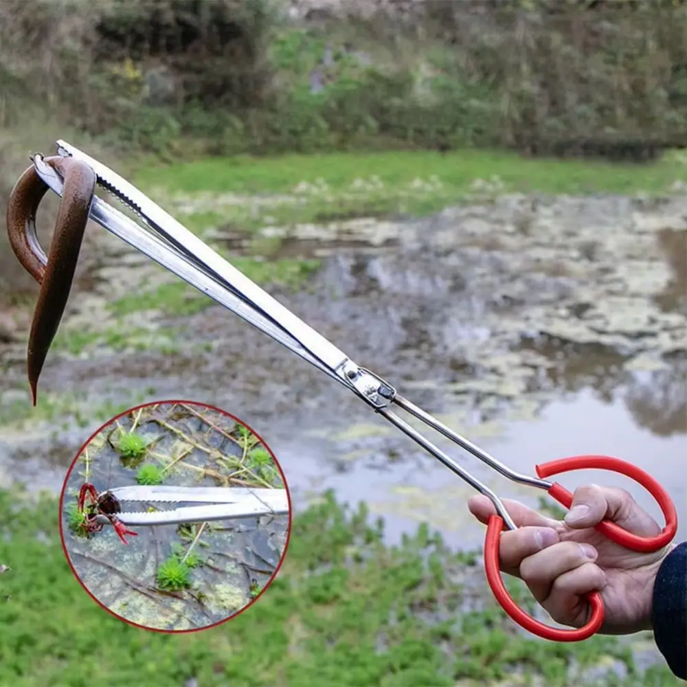

Red Handle Multi-function Stainless Steel Tongs Anti-Skid Extra Long Outdoor Fishing Catch Tool Heavy Duty Serrated Jaw
