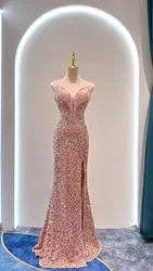 Luxury Celebrity Dress Gold Pink Color Split Sexy Mermaid Party Gown With Beadings Spaghetti Strap Sequined Celebrity Gown