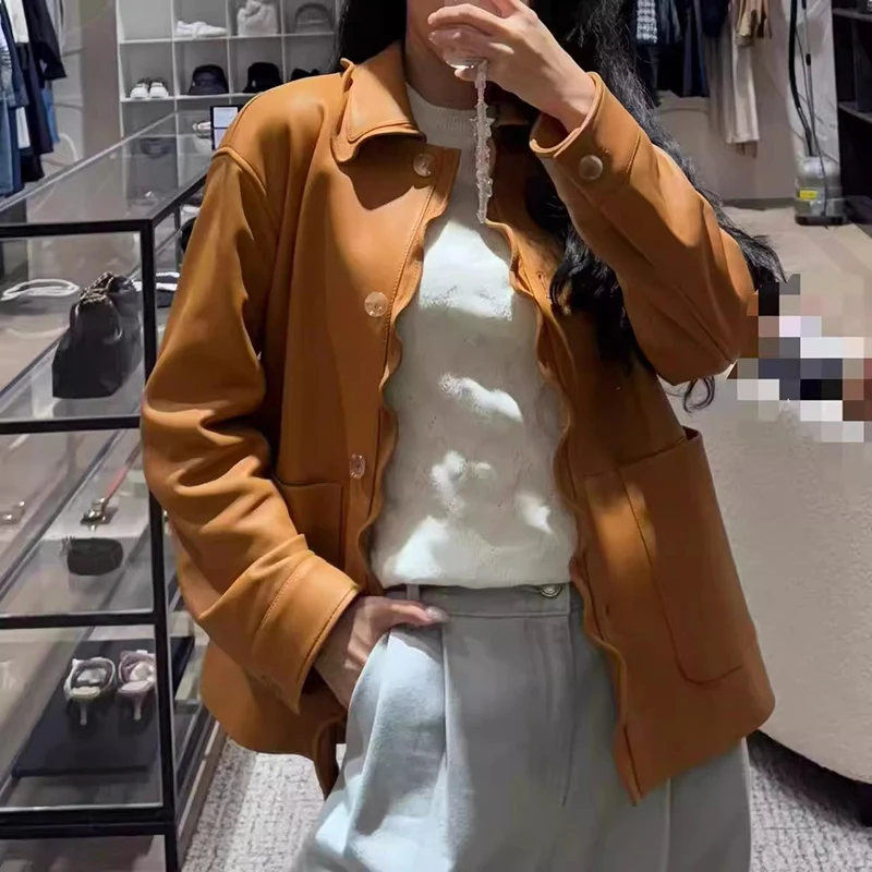 

Ele And Bold Colion Women's Leather Jaet Collar Stand up Wave Lace Trim Coat Autumn Faionable Long Sve Middle L...