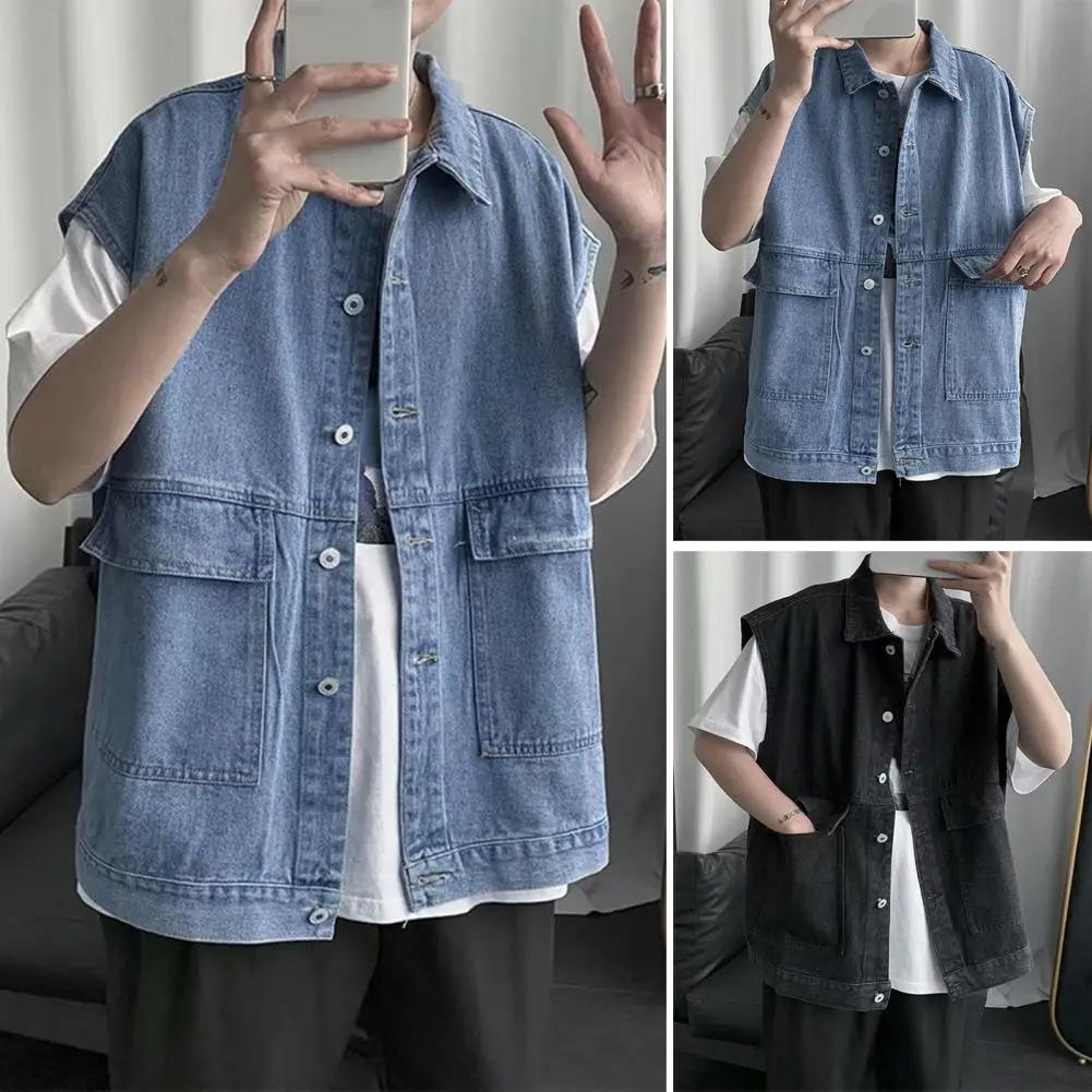 Men Denim Vest Men's Sleeveless Denim Vest with Large Pockets Ripped Holes Single Breasted Design for Casual Summer Style Men