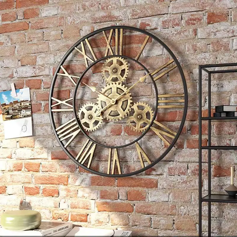 3D Large Wall Clock with Roman Numerals, Round Metal Iron, Industrial Wind Gear, Silent Hanging Ornament, Living Room Decoration