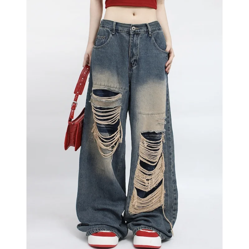 

Vintage Blue High Waist Women Jeans Worn-out American Fashion Streetwear Wide Leg Jean Female Trouser Straight Baggy Denim Pants