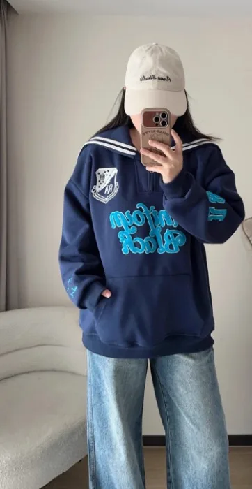 2025 Spring and Autumn New Japanese Style Sweet Navy Collar Long Sleeve Women's Hoodie Gray English Print Design Loose Top