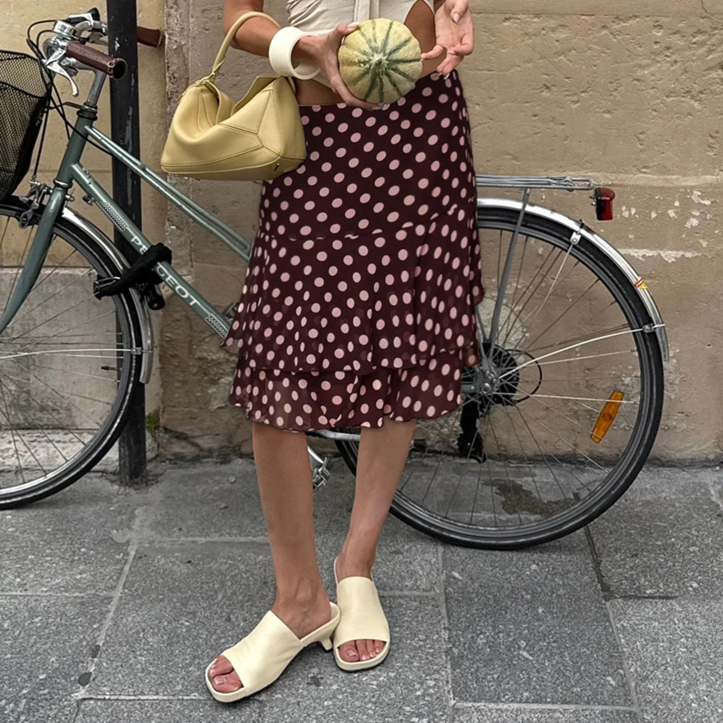 

Gentle French style polka dot irregular lotus leaf skirt autumn new style temperament medium long mesh skirts