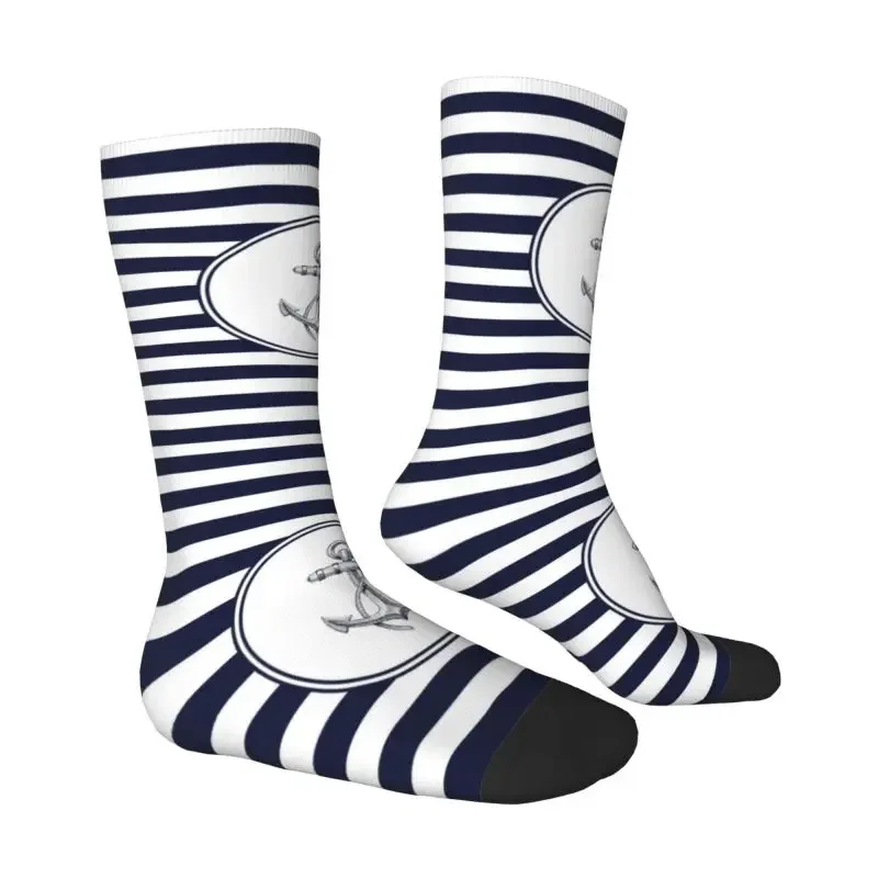 Anchor And Navy Blue Stripes Men Women Male Crew Socks Unisex Cute 3D Print Nautical Sailor Dress Sock