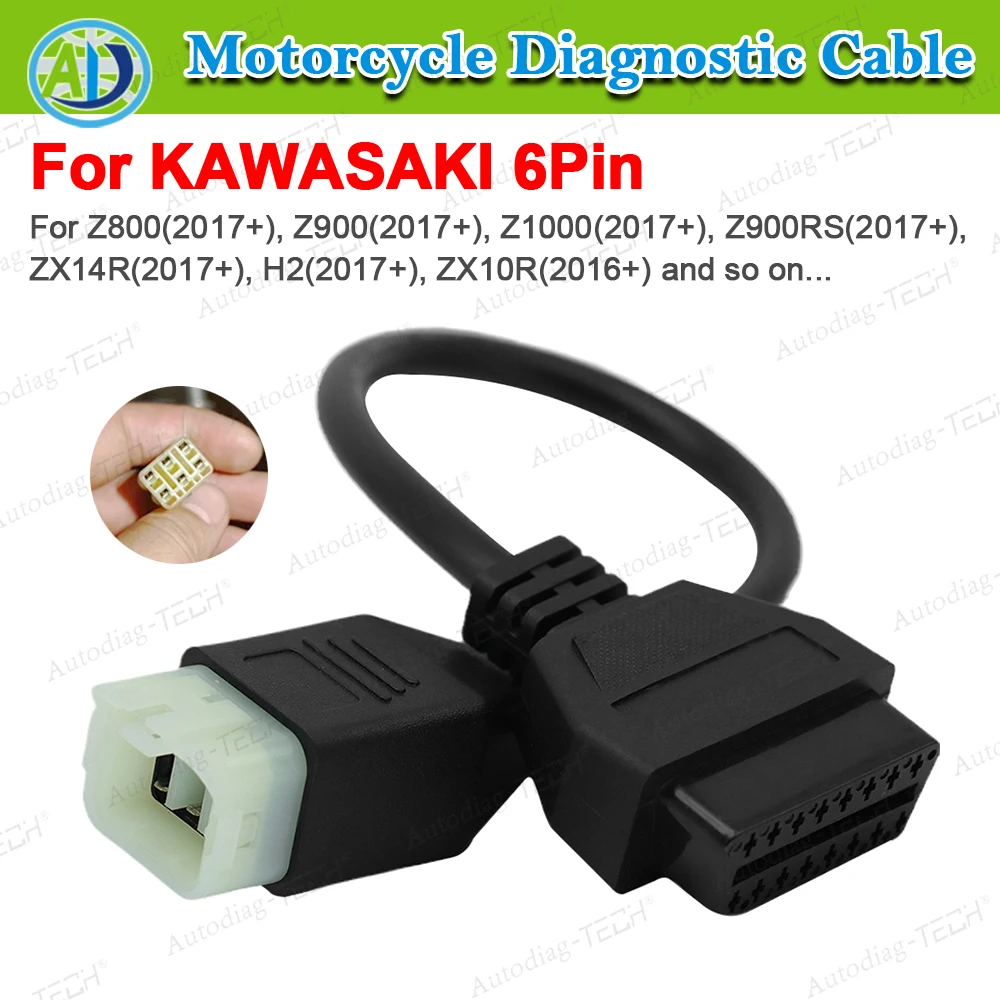 

6-контактный диагностический кабель для мотоцикла Kawasaki для Z900RS, Z800, Z900, Z1000, ZX10R, ZX14R, H2, разъем адаптера OBDII для мотоцикла