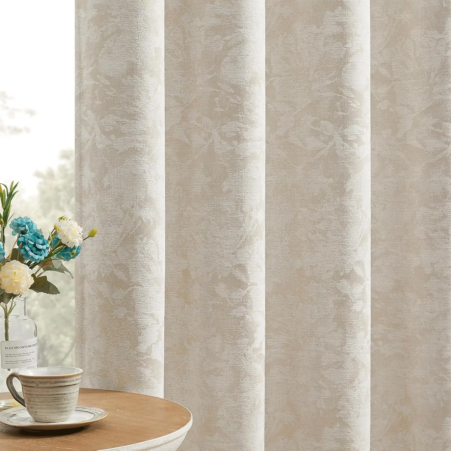 

Beige Floral Jacquard Blackout Curtains 84 Inches Long 2 Panels for Bedroom Living Room Flower Chenille Room Darkening T