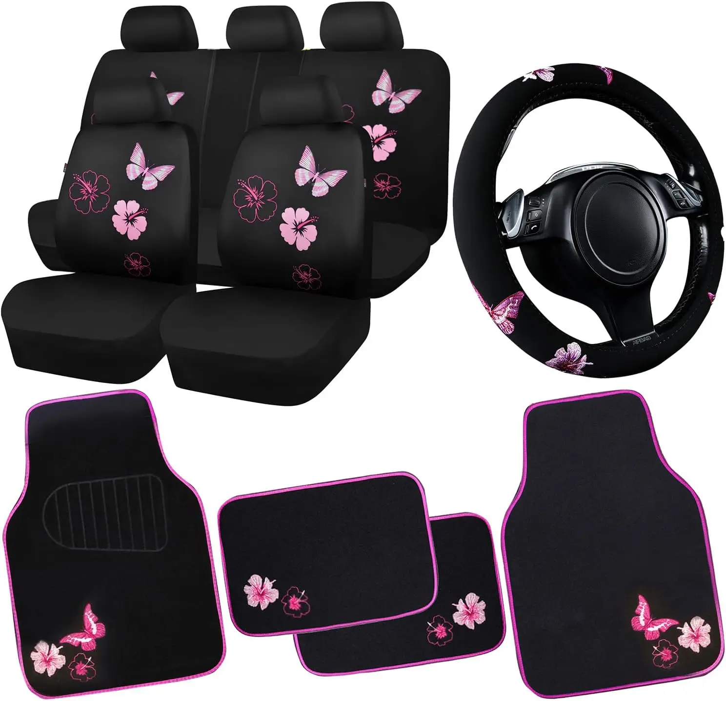 

Universal Butterfly Car Seat Covers Full Set with Embroidered Flower Waterproof Mats and Steering Wheel Cover in Black and Pink