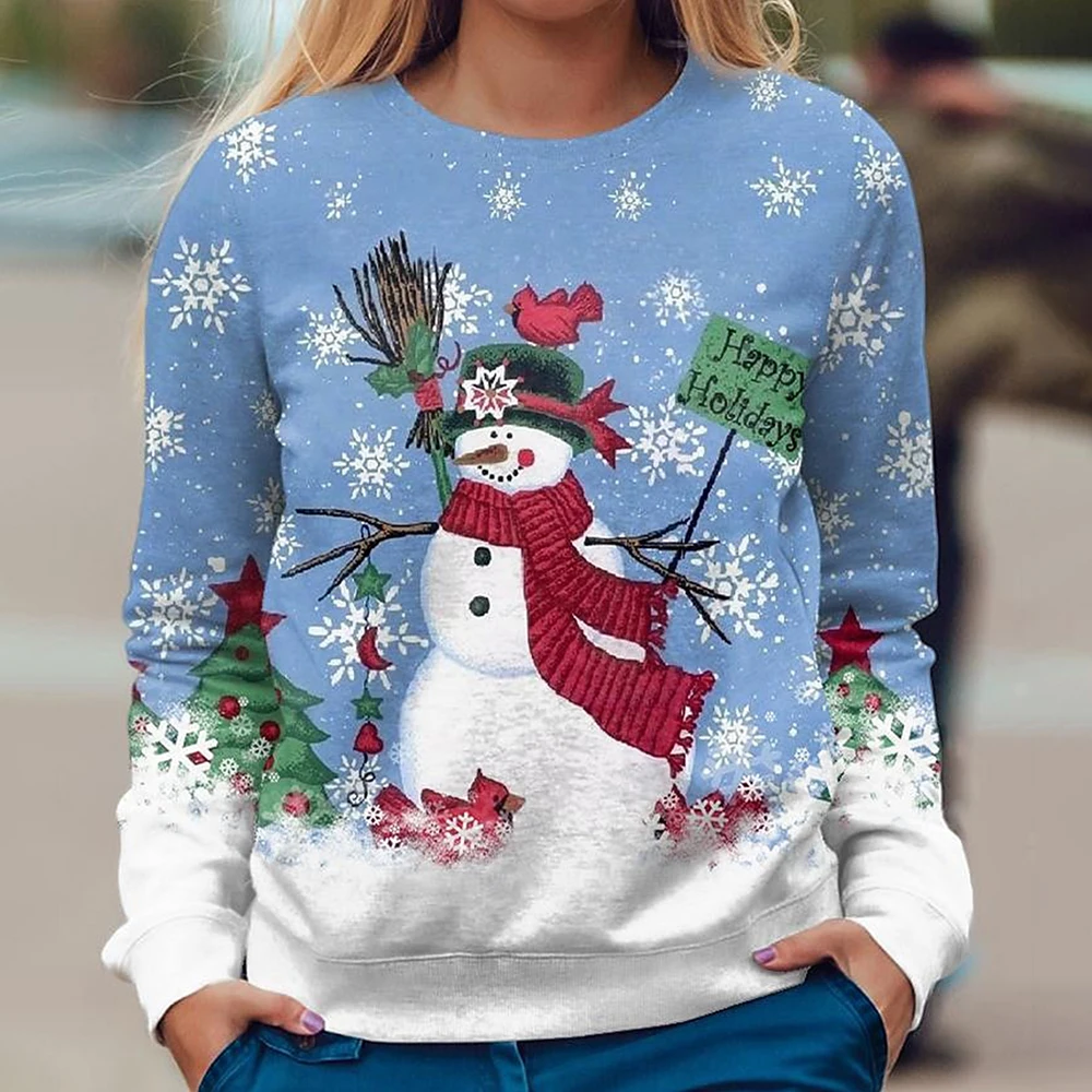 Graphic Snowman Snowflake Casual Streetwear Round Neck Micro-elastic Fall & Winter Women's Pullover Christmas Long Sleeve Top