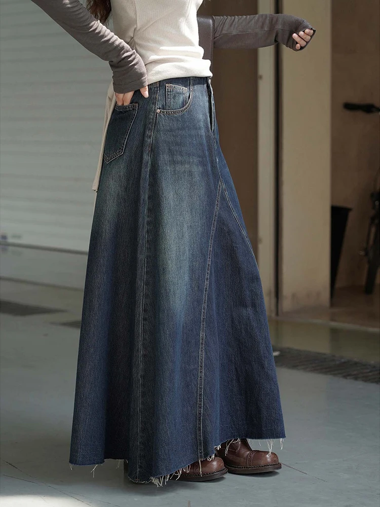 FANAN Spliced Design Washed Denim Skirts For Women High Waist A-line Mid-length Temperament Streetwear Skirt 2025 Autumn New