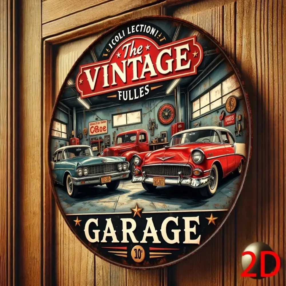 Vintage Retro Garage Aluminum Round Wall Plaque: 2D Flat Metal Sign with Classic Cars & Tools Design – for Bars, Cafes,