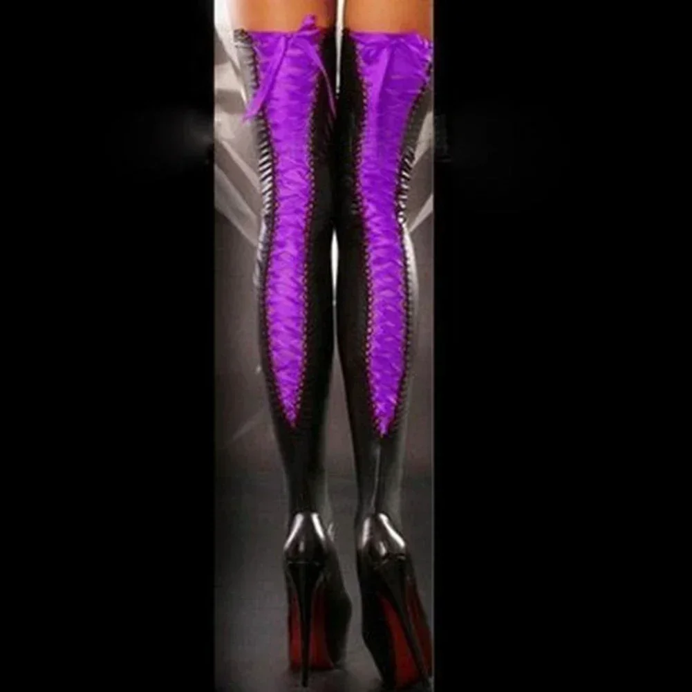 レディースストッキングランジェリーセクシークラブサイハイパテントレザーレースロングソックスタイツ下着レオタードbodystocking