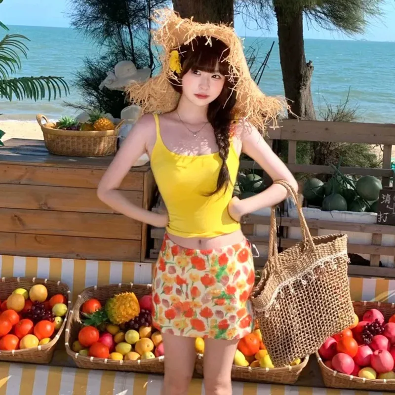 

sexy yellow flower spaghetti vest tops bikinis sets 3pcs with flower print mini skirt swimsuits bathing suit biquini swimwear