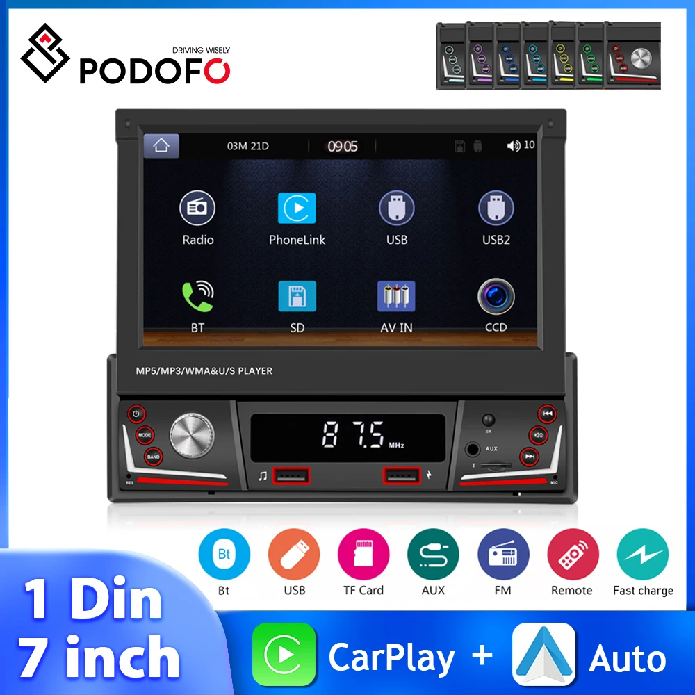 

Podofo 7'' Car Radio MP5 Wireless CarPlay Android Auto Retractable Screen 1Din Automotive Multimedia Rearview Camera Autoradio