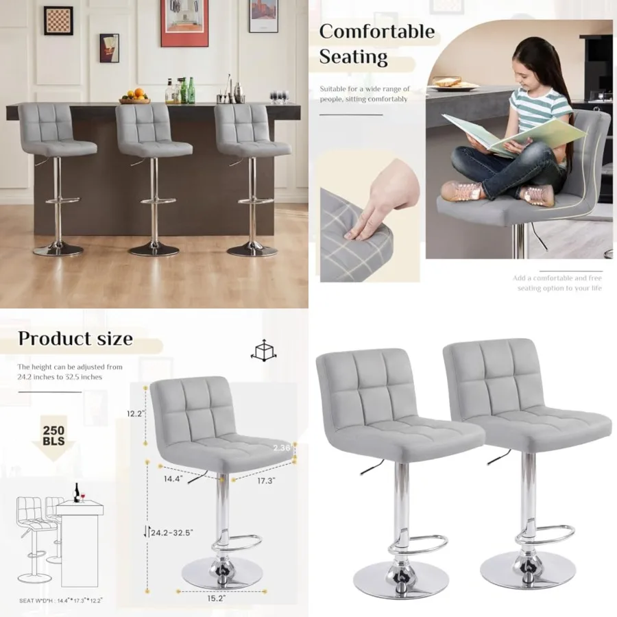 

Bar Stools, 24 inch Counter Height Bar Stools, Upholstered Modern Kitchen Barstools with Metal Base, PU Leather Saddle Stools f