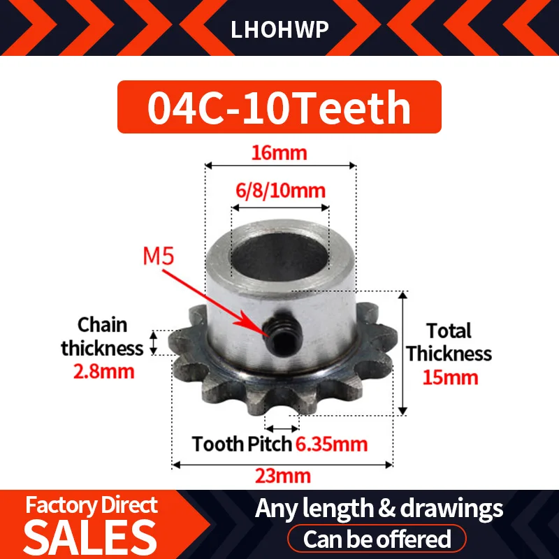 1pc 04C 2Pitch 15mm Height 10 Teeth Standard Sprocket 6/8/10mm Bore With M5*1 Setscrew Hole Ready To Install