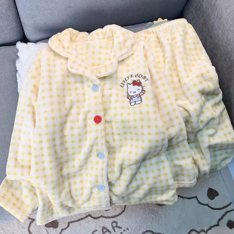 

Cute Anime Hello Kitty Pajamas Pants Girly Coral Velvet Long Sleeves Trousers Cartoon Kawaii Sleepwear Sets Pajama Woman Winter