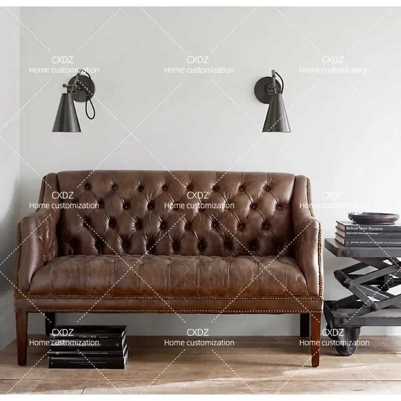Rural Retro Leather Art Double Sofa Modern Clubhouse Three Person Sofa Cafe Leisure Sofa