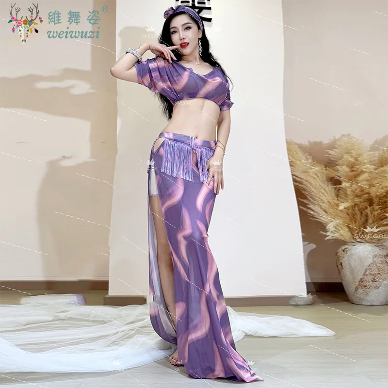 여성용 벨리 댄스 의상 세트 메쉬 슬리브 탑+프린팅 롱 스커트 2피스 오리엔탈 댄스 의상 댄서 연습복