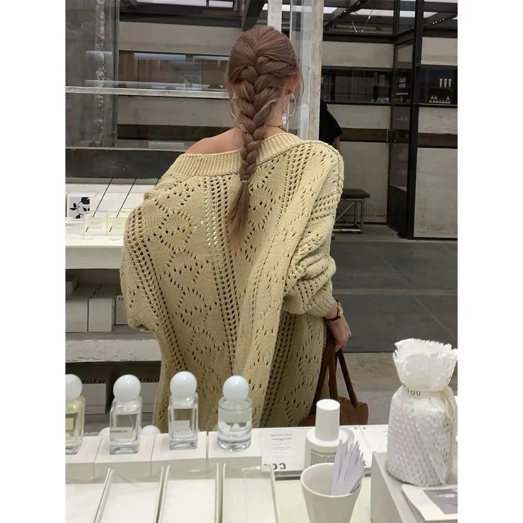 

Ladies' Lazy Feelings Crochet V-neck Open Cardigan Loose Fit Versatile Early Autumn Slimming Top Fashionable Casual Outerwear