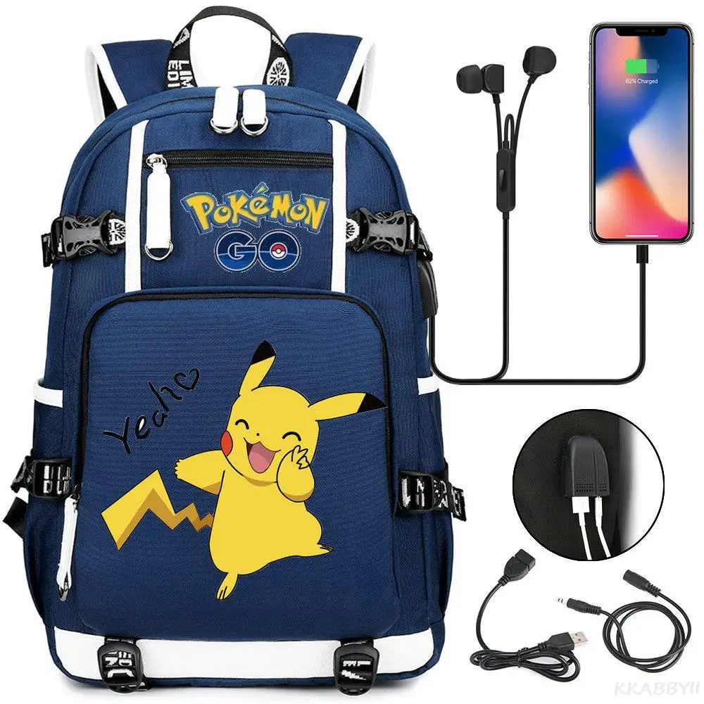 Mochilas 포켓몬 고 용량 학생 책가방, 소년 소녀용 캔버스 USB 충전 여행 배낭, 십대 노트북 피카츄 가방