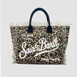 SAINT BARTH 2024 New Women's Large Capacity Leisure Tourism Leopard Pattern Canvas Handmade Tassel Handmade Tote Bag